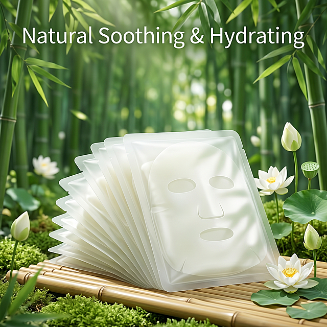 [Main Image 4] White Lotus Bamboo Juice Facial Mask natural forest scene display. [Atmosphere Style] Fresh natural, like being in a bamboo forest, pure tranquil atmosphere. [Quality] Commercial photography texture, natural soft light, clear picture. [Elements] The mask product is placed in the foreground, against the background of a faint fresh green bamboo forest, the distance is moderately blurred, highlighting the product. There are scattered white lotus flowers on the side, highlighting the natural theme of lotus and bamboo, creating a sense of immersion in the natural forest. [Light and Shadow] Natural forest diffused light, soft light through the bamboo leaves, form dappled light and shadow on the product, natural and comfortable. [Color Matching] Mainly light green bamboo forest tone, with white lotus, fresh and cool, unified light bright advanced. [Perspective Composition] Foreground product, middle ground bamboo forest, layered, full screen without border. [Text Layout] Simple English Slogan at the top "Natural Soothing & Hydrating", font concise, do not block the product. [Proportional Resolution] 1:1 ratio, 2K resolution, ultra high definition. [Negative Prompt] Deformation, watermark, text confusion, blurred product picture, messy background, Chinese characters.