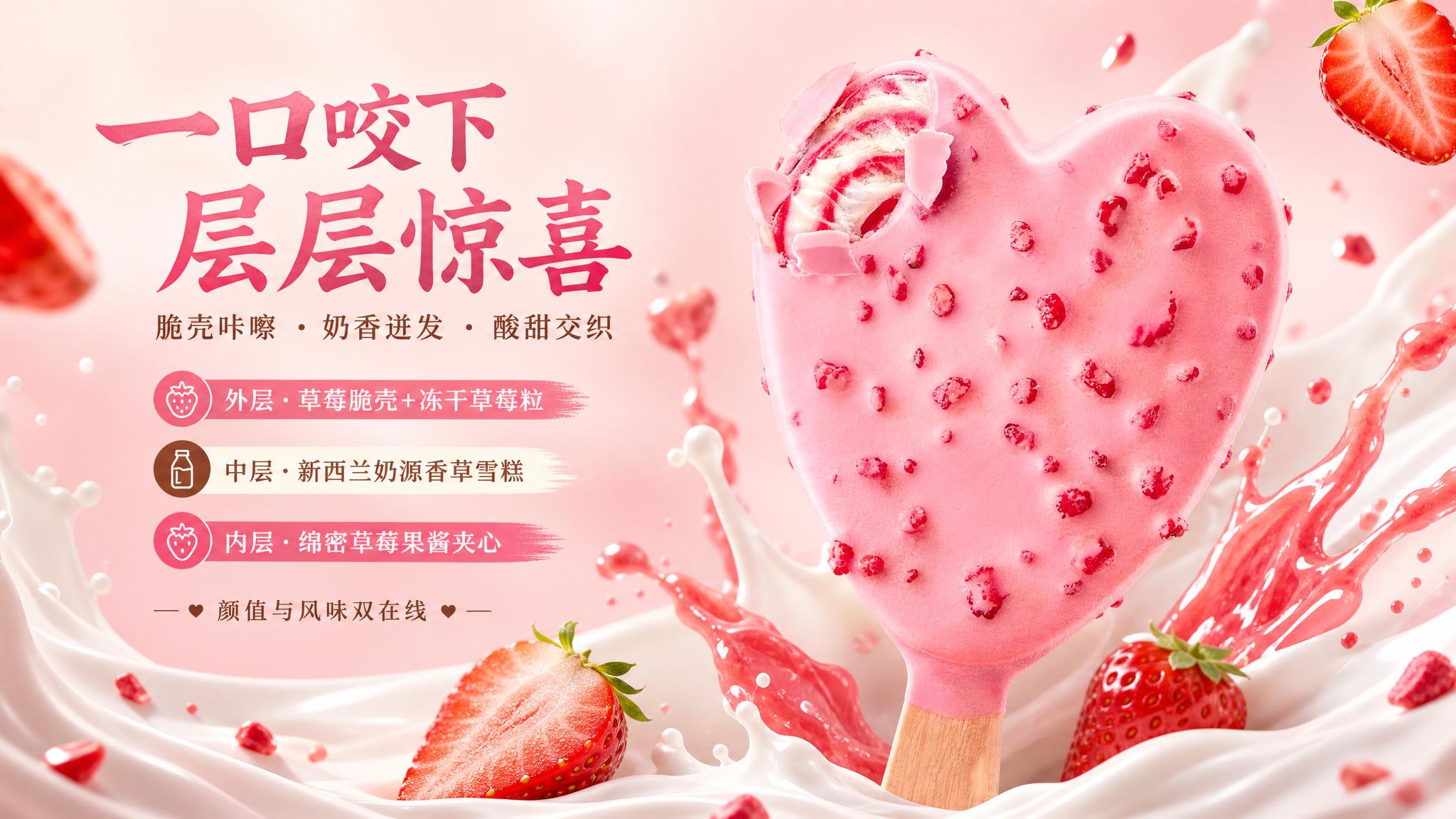 商业食品口味介绍海报，横版16:9。画面主体为思慕雪草莓脆皮冰… - 图片创意预览