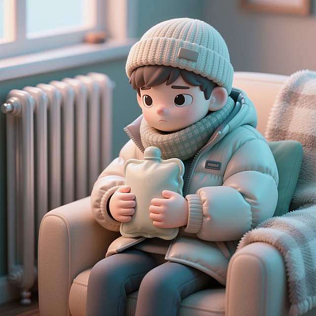 趣味3D插画风格，C4D渲染，OC渲染，Blender建模，柔软光线，马卡龙色系，泡泡玛特盲盒质感，光滑黏土材质，影棚打光，8k分辨率，超细节，一位瘦削苍白的年轻男生，穿着厚羽绒服，戴着毛线帽和围巾，蜷缩在暖气片旁边的懒人沙发上，双手紧紧抱着热水袋，下巴缩进围巾里，眼神放空，面部特写位于画面正中心，微距镜头拍摄，皮肤苍白缺少血色，带一点微微的青调，嘴唇颜色浅淡，皮肤质感略显干燥，几乎没有光泽，背景是模糊的室内一角，有暖气片和毛毯，整体氛围慵懒储暖，代谢极低