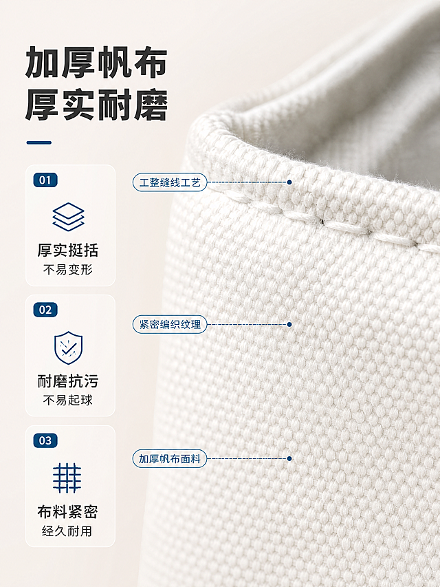 [商品] 使用【图2】帆布化妆收纳包局部面料区域；保留白色加厚帆布材质、编织纹理、缝线结构；商品处理：放大面料区域，增强帆布编织纹理的清晰度与厚度感，展示布料紧密质感，不改变材质颜色和结构。
[画面] 目标：突出加厚帆布材质优势。构图：左文右物，右侧为面料微距特写（占画面60%），左侧为文案与图标区。阅读动线：左上主标题→3个材质卖点→右侧面料细节。前中后景：前景面料纹理特写（清晰）、中景包身边缘缝线、后景浅米白渐变背景。
[视觉] 套系策略：风格=1688工厂批发风·简洁专业商业摄影；标题字=思源黑体粗体；正文字=思源黑体常规；主色=湖蓝色；背景延展=基于湖蓝做深浅层级、同色渐变与细腻哑光质感，搭配米白浅底；强调色=深湖蓝，仅用于小面积图标、引线、标签和编号；标题色=深炭灰；正文色=中灰；组件=圆角信息卡、细线引线、编号胶囊；光影=左前侧柔光，突出面料纹理立体感。
[文字] 左上主标题「加厚帆布 厚实耐磨」，下方3个卖点：①厚实挺括 不易变形 ②耐磨抗污 不易起球 ③布料紧密 经久耐用，右侧面料图用细线引标注「加厚帆布面料」「紧密编织纹理」「工整缝线工艺」。文字均横排。
[规格] 图片比例3:4竖版，4K分辨率，负向提示：避免变形、错字、文字过小、材质失真、极限词、平台水印。
