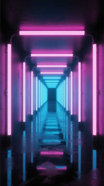 超现实霓虹隧道场景，两侧墙壁布满垂直排列的发光灯管，呈现从顶部粉色渐变至底部蓝色的霓虹光效，强烈的对称构图营造深邃纵深感，黑暗背景凸显霓虹灯管的明亮光彩与清晰阴影，整体弥漫着赛博朋克式的炫酷未来感，光线在地面形成对称的色彩倒影，空间氛围神秘而富有科技感。预览效果