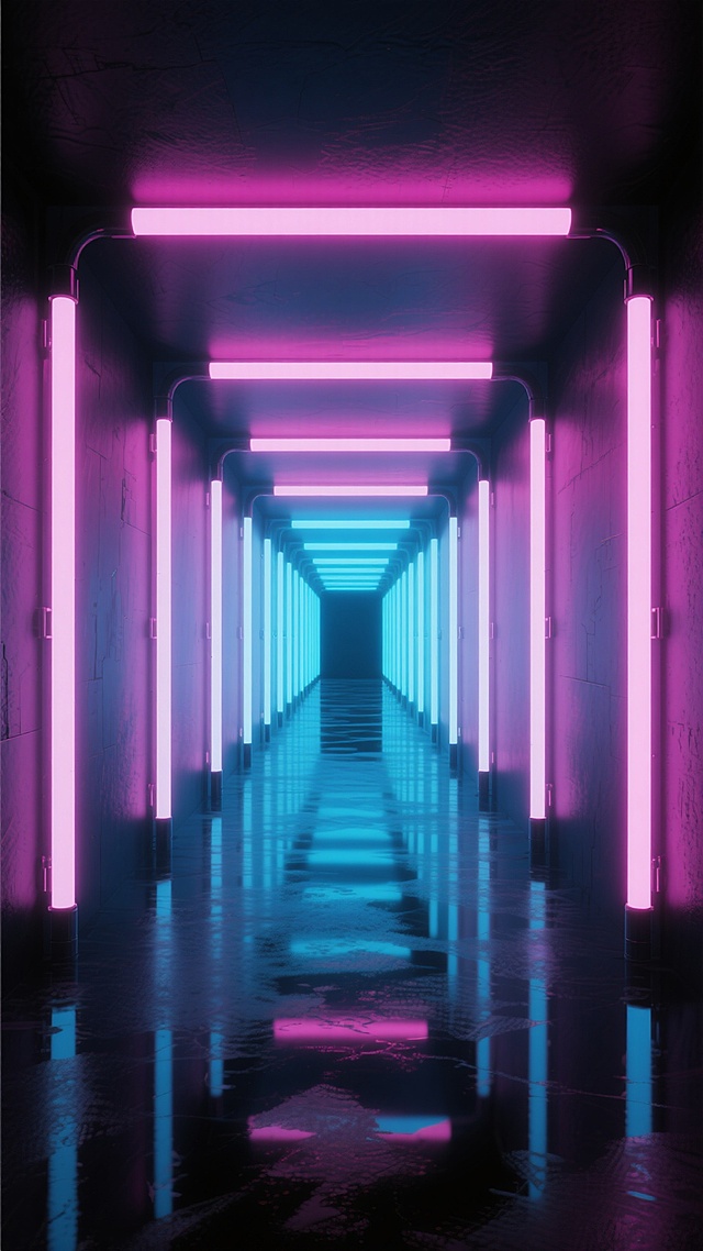 超现实霓虹隧道场景，两侧墙壁布满垂直排列的发光灯管，呈现从顶部粉色渐变至底部蓝色的霓虹光效，强烈的对称构图营造深邃纵深感，黑暗背景凸显霓虹灯管的明亮光彩与清晰阴影，整体弥漫着赛博朋克式的炫酷未来感，光线在地面形成对称的色彩倒影，空间氛围神秘而富有科技感。