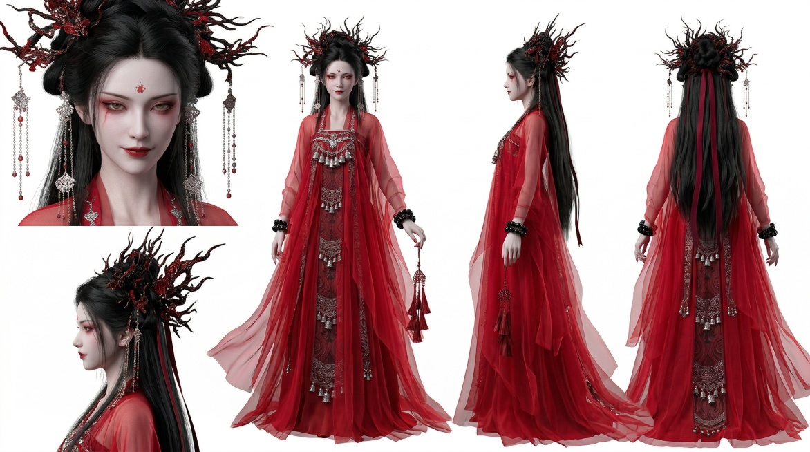 包含同一个女性角色的多角度展示：脸部特写、全身正面、全身侧面、全身背面。该女性角色身高165cm，体重45kg，身着艳红薄纱长裙，衣袂缀银铃暗纹，肤白胜雪，媚眼含妖，腕绕黑珠串饰，发缠赤红色丝绦，眉眼预览效果