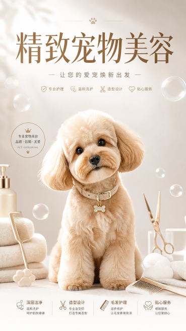 制作一张宠物美容宣传海报，尺寸为70厘米宽124厘米高，横版宽构图，整体版面大气时尚高级。海报上要有一只干净整洁、造型可爱的宠物狗狗，背景简约高级干净，突出宠物美容服务，搭配醒目主标题"精致宠物美容"预览效果