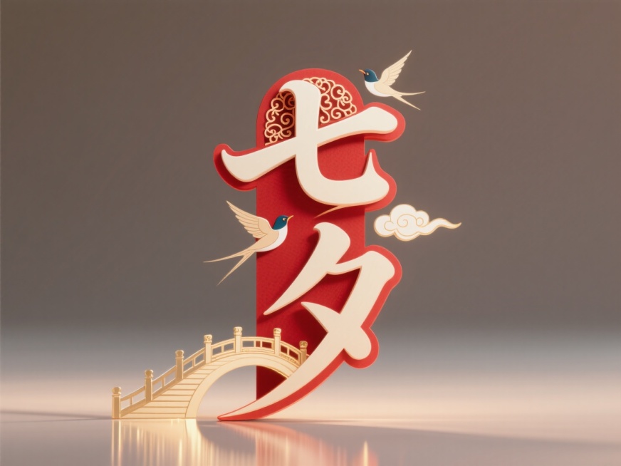 竖向浅色文字"七夕"，朱砂红 + 米白（传统喜庆）配色； 艺术体，点缀鹊桥、喜鹊祥云元素，七夕连笔，字下方加浅金色阴影，字上方用花纹装饰；预览效果