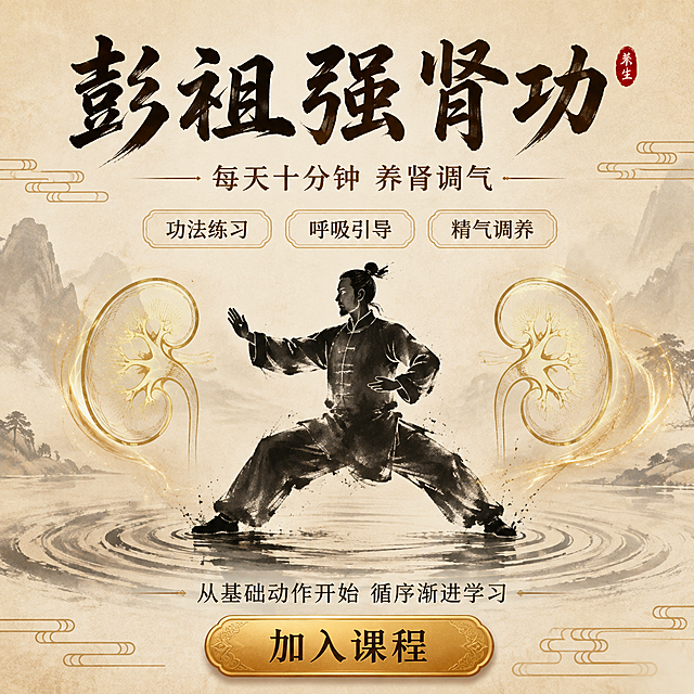 闲鱼商品首图，强肾功养生课程宣传图，国风水墨风格，米黄色宣纸质感，画面中央是一位练太极的男子水墨剪影，站在水面涟漪上，两侧有金色肾脏图案，顶部大字标题"彭祖强肾功"，副标题"每天十分钟 养肾调气"，三个圆角标签分别写"功法练习""呼吸引导""精气调养"，底部写"从基础动作开始 循序渐进学习"，底部金色按钮写"加入课程"，整体禅意线条装饰，高清精致，无水印，无闲鱼logo，正方形构图