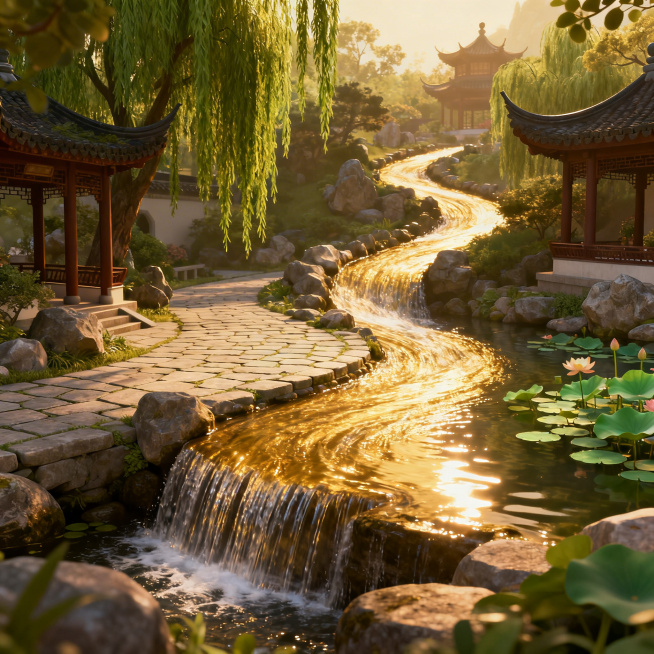中国风写实园林场景，一条水流从画面右上方蜿蜒流向左下方，带有明显高度落差形成叠水效果，周围环绕传统中式园林景观，古色古香，写实摄影风格，非卡通预览效果