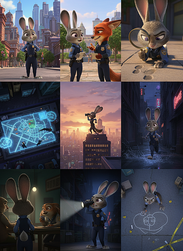 卡通感3D风拟人兔警探，虚拟现实城市探案，光影细腻，场景丰富，节日氛围零感。