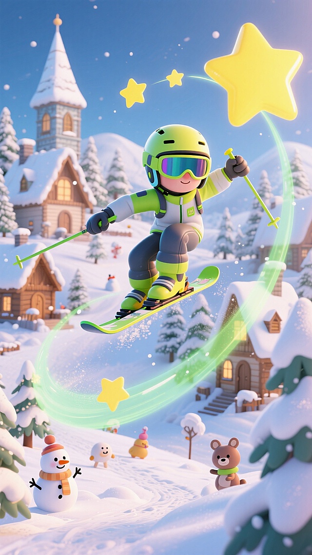 画面主视觉是穿着滑雪服+头盔+护目镜的卡通滑雪者，手持滑雪杖呈腾空滑雪的动感姿态，周围有星星轨迹装饰（黄、绿色彩星拖长尾，环绕成动感弧线）。背景是被厚雪覆盖的欧式小镇全景，有尖顶雪屋、木质建筑、雪松林，散布可爱的雪人、小动物角色。