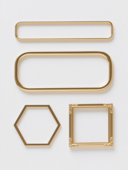 金色金属质感边框元素集合，四个完全不同造型的金色线条边框规整排布在纯白色纯色背景上，保持简约现代风格，边框包括顶部水平细长圆角矩形、中间水平粗宽圆角矩形、左下角正八边形、右下角带装饰边角的矩形，所有边框线条均匀流畅，具有轻微反光光泽，整体布局平衡对称，视觉层次清晰，呈现简洁精致的设计感。预览效果