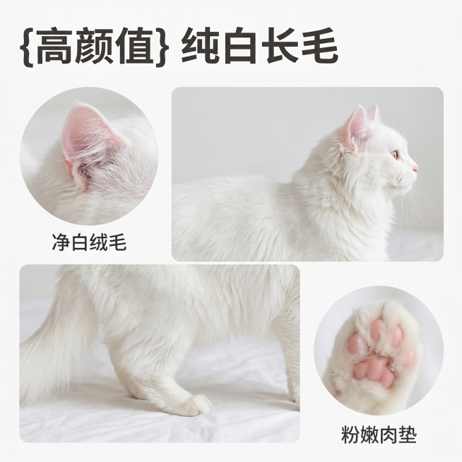 [主图 2] 纯白长毛猫核心亮点展示图
[氛围风格] 清晰专业的宠物展示风格
[画质] 商业宠物摄影质感，高清锐利，毛发细节清晰，画面干净高级
[元素] 保持猫咪纯白长毛外形、毛色和毛发质感与原图一致预览效果