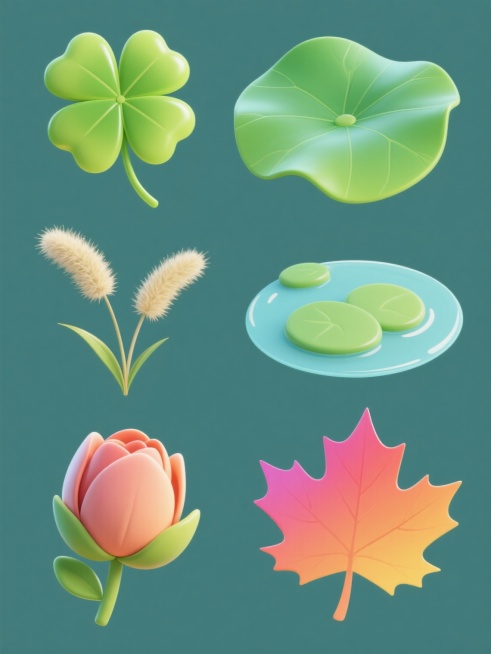 一组6个完全不同元素内容的系列素材集合，规整排布在纯色背景上。所有元素均采用与原图一致的卡通风格，具有光滑圆润的边缘、饱满的形态、明亮的高光和渐变色彩处理，保持统一的视觉语言。元素包括：1. 一片心形叶片的绿色四叶草，带有清晰叶脉和弯曲的细长茎秆；2. 一片宽大舒展的荷叶，边缘微微卷起，叶面上有明显的放射状纹理；3. 一株毛茸茸的狗尾巴草，细长的茎顶端顶着蓬松的穗状花序；4. 一片小巧的浮萍，……预览效果