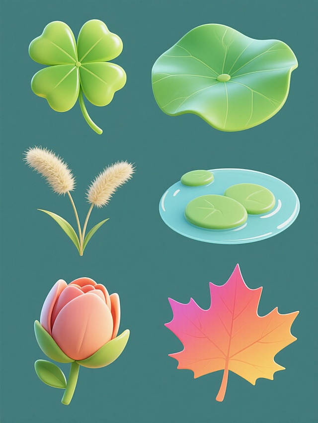 一组6个完全不同元素内容的系列素材集合，规整排布在纯色背景上。所有元素均采用与原图一致的卡通风格，具有光滑圆润的边缘、饱满的形态、明亮的高光和渐变色彩处理，保持统一的视觉语言。元素包括：1. 一片心形叶片的绿色四叶草，带有清晰叶脉和弯曲的细长茎秆；2. 一片宽大舒展的荷叶，边缘微微卷起，叶面上有明显的放射状纹理；3. 一株毛茸茸的狗尾巴草，细长的茎顶端顶着蓬松的穗状花序；4. 一片小巧的浮萍，呈圆形或椭圆形，边缘光滑；5. 一朵含苞待放的花朵，拥有层层包裹的花瓣；6. 一片带有锯齿边缘的枫叶。整体色彩进行变换，每个元素可呈现不同的鲜艳色彩，但保持整体的和谐统一感。