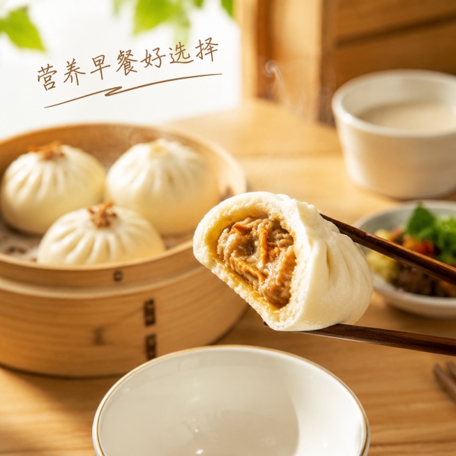 ，生成一套主图（5张），商品名称是虫草包子（鲜肉），不要改变名称的文字，卖点是添加蝉花子实体（人工培植）和蛹虫草，比较大，按我给的图片来预览效果