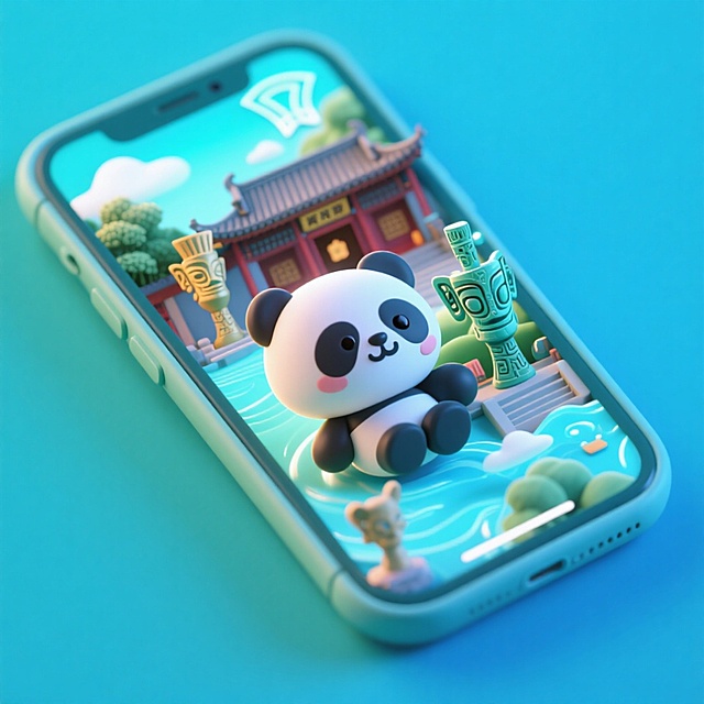 一个手机创意微缩场景，手机平放，侧面对着观众，手机俯视角度，立体的成都景观从屏幕内出来，有熊猫，三星堆，武侯祠，整体色调立体魔幻。青色背景。具有梦幻感,打光营造出柔和氛围强调梦幻和未来感的美学。