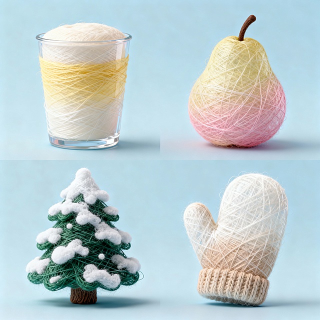 4 个奶油配色素材，上下两行排齐，背景浅蓝。热牛奶、冻梨、积雪松树、棉手套，清透冬日感。