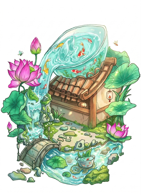 根据这张线稿生成二十四节气立夏主题的插画，国风清新色调，整体画面充满夏日生机，荷花鲜嫩翠绿，水景清澈透亮，古建搭配暖棕木质色调，整体氛围明快治愈，符合立夏的节气特点，保留线稿的整体构图与元素预览效果