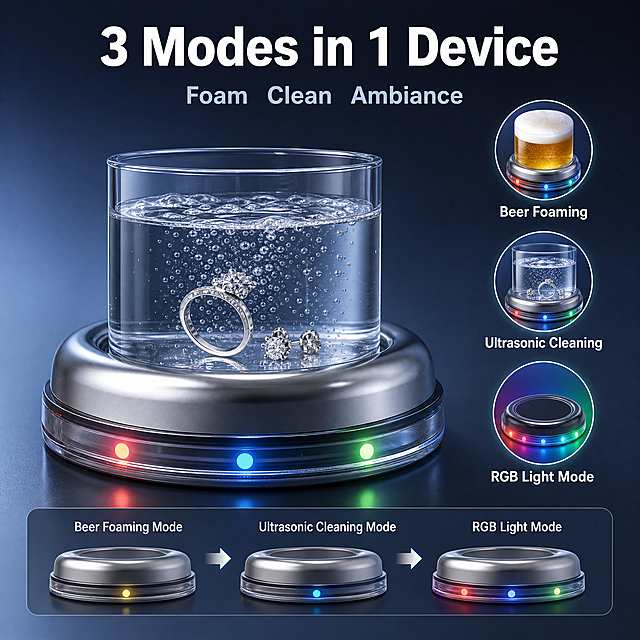[主图-6] 超声波啤酒起泡器多功能工作状态图，小件清洗+氛围灯双功能展示。
[氛围风格] 跨境电商信息图风格，冷调科技感，展示产品多功能。
[画质] 商业摄影质感、光线通透、产品清晰真实、效果可视化。
[元素] 画面左侧主视觉：银色款超声波啤酒起泡器（金属银上盖+透明灯带底座）平放，上面放着一个小玻璃容器，容器中装着清水和一枚戒指/一副小耳环，水中有细密的超声波气泡上升，底部灯带RGB灯点发光，展示超声波清洗小件物品的功能。画面右侧有三个圆形功能状态图标，从上到下分别表示：啤酒起泡模式、超声波清洗模式、RGB氛围灯模式。底部有一条横向的工作状态示意条，展示三种模式切换与灯带颜色变化。产品外观（金属上盖+透明灯带底座双层结构、彩色LED灯点）与输入产品图保持绝对一致。
[光影] 冷白色主光从上方打下，水中气泡有通透反光，金属表面高光清晰，透明灯带通透有折射，LED灯点有辉光效果，整体科技冷调，气泡处有微光点缀。
[配色] 主色深蓝灰渐变背景；辅色金属银、透明灯带、清水透明、气泡白色；强调色RGB彩色光（用于灯带发光、模式图标高亮和气泡光效）。
[视角构图] 产品+清洗容器在左侧占主要视觉，右侧三图标纵向排列，底部状态条横贯画面，左右平衡，层次清晰。
[文字版式] 顶部主标题"3 Modes in 1 Device"，白色大号粗体无衬线；副标题"Foam  Clean  Ambiance"，浅蓝灰色中号。右侧三个图标旁标注："Beer Foaming"、"Ultrasonic Cleaning"、"RGB Light Mode"，白色小号字。
[输出要求] 1:1比例，文字清晰锐利，超高清商业摄影质感。
[负向提示词] 变形，文字错乱，产品图模糊，背景杂乱，水印，电商平台Logo，中文文字，人物，木纹底座，无灯带。