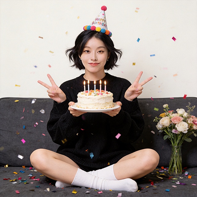 生成居家生日氛围感写真，仅保留参考图1人物脸型、五官、年龄等特征，忽略参考图原有发型配饰，电影质感，高通透氛围感，复古暖调，温暖柔和自然光；清透自然皮肤，真实纹理，自然短发，慵懒翘翘头；盘腿坐于深灰色布艺沙发，双手端蛋糕举至身前，比出剪刀手，浅笑看镜头；清透白开水妆容，粉嫩腮红+无辜卧蚕+水光玻璃唇；彩色毛球生日尖顶帽，黑色宽松慵懒风针织毛衣，白色中筒袜，身旁放着插着蜡烛的生日蛋糕，周围散落缤纷彩色礼花彩纸，旁侧摆放简约花束，室内居家场景，深灰色布艺沙发，纯色奶油白墙面，三分构图，平视视角，分辨率4k，电影级光影质感，商业人像摄影级别，画面比例2:3