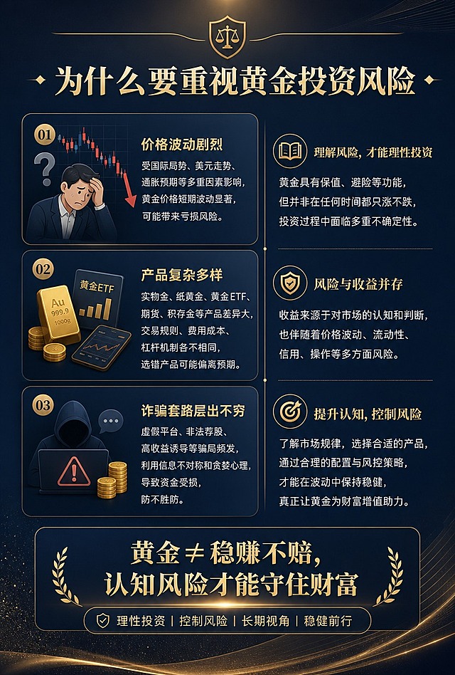 [商品] 无实物商品，内容为黄金投资风险科普教育类公众号长图第二屏；主题为为什么要重视黄金投资风险。
[画面] 目标是让投资者建立风险意识，左侧为痛点场景插画/图标组合（如焦虑的投资者、下跌K线、问号），右侧为文字说明区；上下结构，顶部小标题，中部左右分栏，底部总结金句；画面层次丰富，有图标、文字卡片、装饰元素三层以上。
[视觉] 套系策略：风格=专业金融科普风，稳重高级；标题字=粗衬线体/宋体加粗，庄重有力；正文字=简洁无衬线体，清晰易读；主色=深金+藏青蓝；背景延展=基于藏青蓝做深色渐变，叠加金色光泽线条和细腻颗粒质感；强调色=亮金色，仅用于标题重点字、图标和装饰线条；标题色=金色/米白色；正文色=浅灰/米白色；组件=圆角深色信息卡、金色细线分割、盾牌/天平图标；光影=顶部暖金色轮廓光，整体暗调高级感。
[文字] 顶部小标题"为什么要重视黄金投资风险"，左侧配3个痛点图标+短文案：1.价格波动剧烈 2.产品复杂多样 3.诈骗套路层出不穷；右侧为详细说明文字；底部金句"黄金≠稳赚不赔，认知风险才能守住财富"；全部横排，字号适中，手机端可读。
[规格] 公众号长图竖版比例，宽度1080px，高度1600px，4K分辨率；避免夸大、避免绝对化表述，保持客观中立。