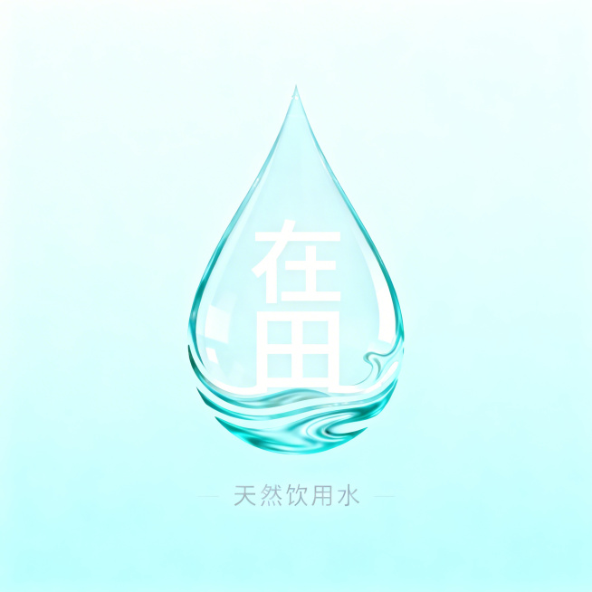 将这张图里水滴内部的田野图案去除，替换为透明空白效果，保留水滴造型、“在田”文字、底部水纹、淡蓝色背景以及下方的“天然饮用水”文字，整体风格保持一致预览效果