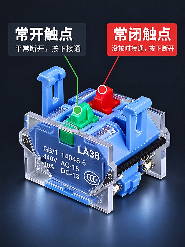 基于参考图进行LA38常开常闭触点说明海报设计，严格遵循以下要求：

【产品处理核心要求】
1. 蓝色触点模块特写从原图抠出
2. 透明底座上白色"CHKL"和底部"浙江凯蓝电气科技有限公司"用消除笔涂抹，保留LA38、参数、CCC
3. 绿色触点=常开，红色触点=常闭，两个圆圈标注用引线指向对应触点
4. 产品加柔和投影

【保留文案，全部使用思源黑体】
- 左上深灰标签#2A2F38白字："常开触点"（思源黑体Bold 32px #FFFFFF）+"平常断开，按下接通"（思源黑体Regular 20px #C8CDD4）
- 右上红色标签#E53935白字："常闭触点"（思源黑体Bold 32px #FFFFFF）+"没按时接通，按下断开"（思源黑体Regular 20px #FFFFFF）
- 引线：绿色#43A047指向绿触点，红色#E53935指向红触点

【新排版设计】
- 画布750×1000px
- 蓝色触点模块居中放大占50%-80%高度
- 左上标签引线指向绿色常开触点，右上标签引线指向红色常闭触点
- 不要原工厂背景和深色卡片框

【新背景】
深炭灰#1A1D24，底部微弱冷光。禁止工厂车间背景

【输出要求】750×1000px竖版，产品原图抠图粘贴非AI生成，CHKL+公司名已擦除，红绿引线标签清晰，无工厂背景残留