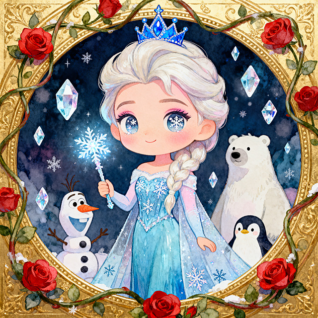 Q版艾莎（冰雪奇缘），头身比约2.5头身，大眼睛带有雪花高光，铂金色编发，身穿冰蓝色带有闪亮雪花纹路的礼服，手持发光雪花魔杖，周围环绕可爱的雪宝、北极熊和企鹅，还有漂浮的冰晶，外围是华丽的金色圆形边框，藤蔓缠绕，点缀红玫瑰，顶部装饰蓝色皇冠，水彩手绘质感，柔和粉彩，童话奇幻氛围，儿童绘本插画风格，细节丰富