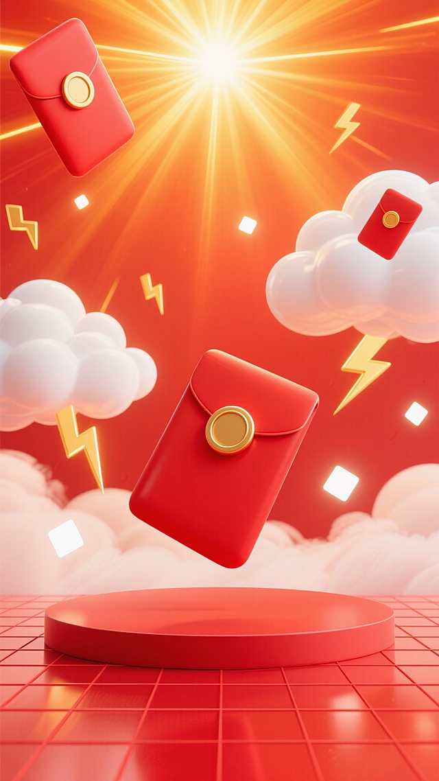 电商促销背景，3D渲染风格，整体以大红色和橙黄色为主色调，色彩和谐统一，顶部中央有强烈的金色光芒向四周放射出明亮的光线，光线边缘有柔和的光晕效果，背景中漂浮着白色的云朵，云朵带有半透明质感，画面中点缀着多个金色的闪电状光效和白色的方形光点，左上角和右上角各有一个红色的、带有金色圆形图案的红包袋，红包袋呈倾斜飞舞状态，底部是红色的平面，平面上方有一层由红色线条构成的网格状地面，网格地面有轻微的反光效果，整体营造出热烈、喜庆、充满活力的促销氛围，视觉层级清晰，主体元素突出，信息传达效率高，符合电商促销活动吸引眼球的设计目的，具有强烈的视觉冲击力和节日般的欢快明亮感。