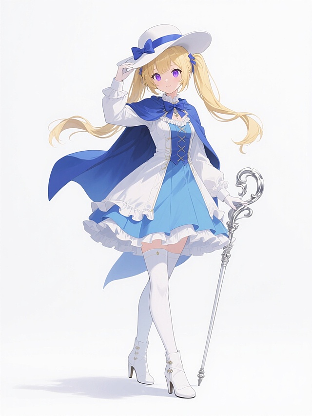 动漫风格立绘，金发双马尾少女，紫色眼眸，头戴白色宽檐帽配蓝色蝴蝶结，身着蓝白相间的欧式贵族风格连衣裙，外搭蓝色披风，手持银色装饰长杖，白色过膝袜，白色高跟短靴，白色背景，角色动作变换为侧身抬手轻抚帽檐，保持原角色特征和整体色彩搭配，画面干净简洁，细节精致，光影柔和，符合二次元插画审美。