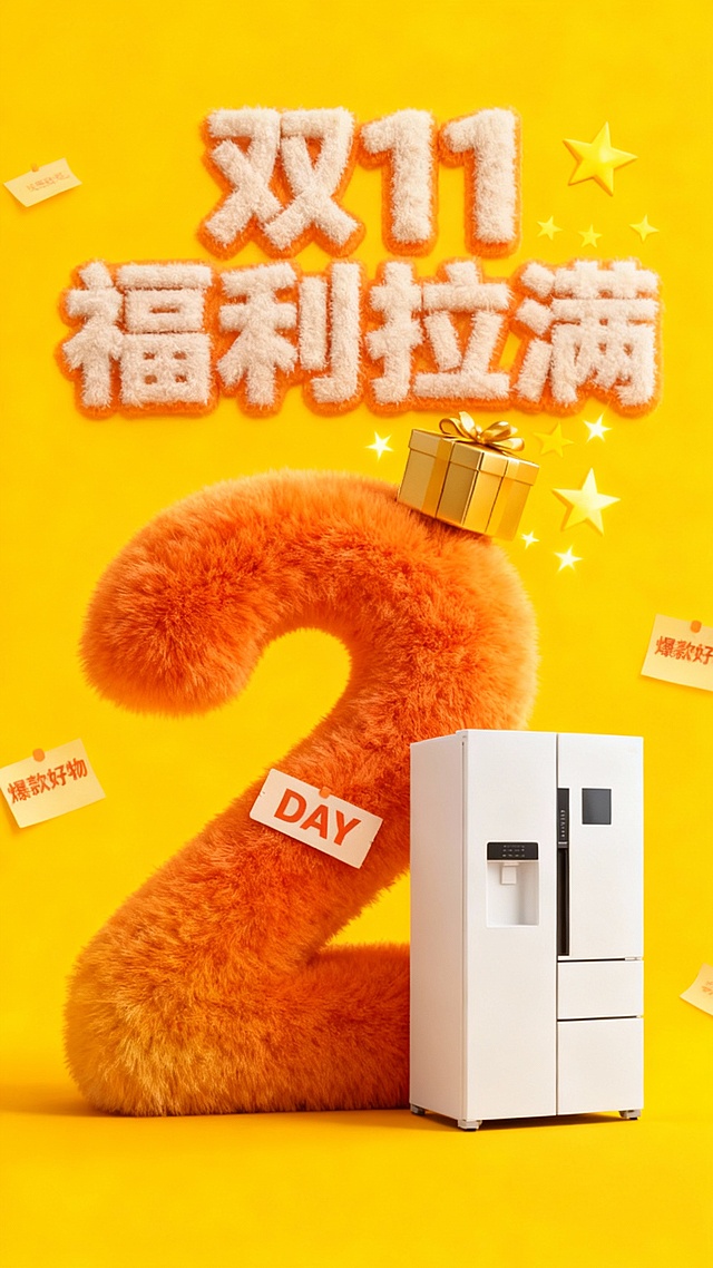 毛绒质感的3D数字“2”搭配软萌冰箱，黄色背景充满喜庆与促销感，波普风格点缀，传递双11福利狂欢的可爱卡通氛围。