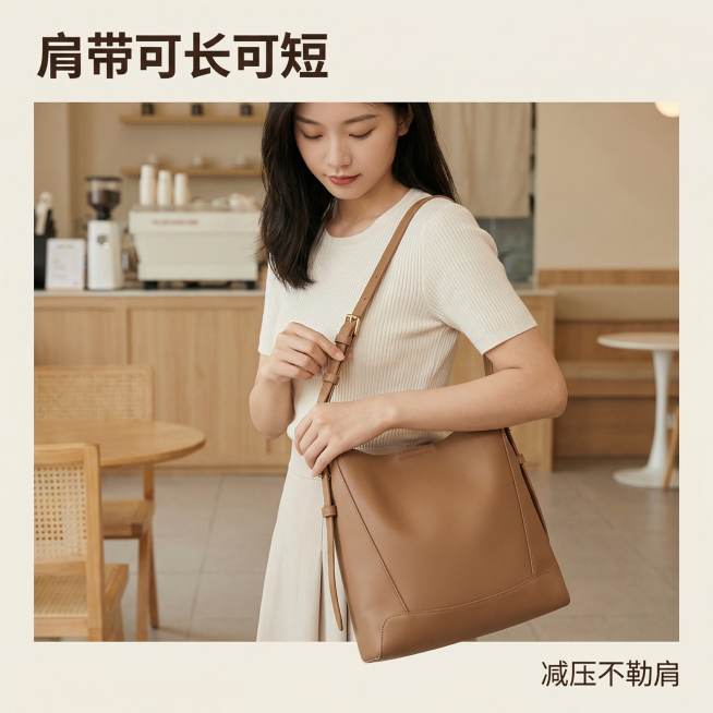 [主图 2] 展示肩带可调节卖点，麦棕色真皮单肩水桶包
[氛围风格] 简约时尚，生活化场景，质感高级
[画面元素] 商业摄影质感、光线柔和通透、产品清晰真实、画面干净高级。年轻亚洲女生单肩背这款包包，预览效果