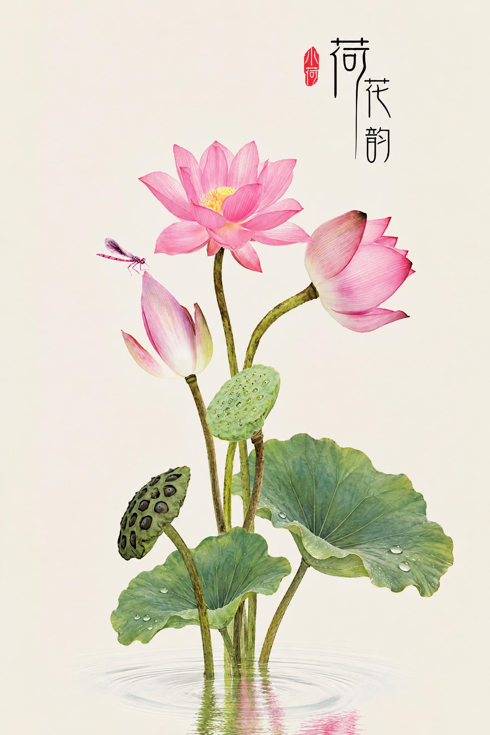 移除画面下方水面上的那朵盛开的粉色荷花，在画面中添加两片自然的… - 图片创意预览