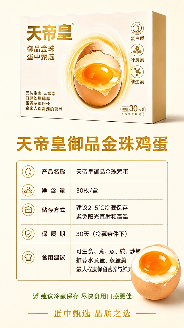 [第8屏] 规格信息-天帝皇鸡蛋产品参数与食用建议收尾。本屏使用【图1】作为产品图参考。
[氛围/风格] 简洁清晰信息风，浅米色背景，专业可信。
[元素布局] 画面上方放置天帝皇鸡蛋包装盒（正面，占比约40%）；下方是产品规格信息表格区域，包含产品名称、净含量30枚、储存方式、保质期、食用建议等信息；右下角配一枚切开的溏心鸡蛋做装饰；整体布局清晰易读。
[光影质感] 均匀柔光，干净明亮，信息清晰可读。
[配色色系] 全局底色浅米色#FFF8E7；主色金色#D4A84B；辅助色深棕#5D4037、草绿#7CB342。
[视角构图] 上产品下信息，正面平视，阅读动线从上到下。
[文字版式] 产品下方主标题'天帝皇御品金珠鸡蛋'金色粗黑体；规格信息用深棕宋体，左对齐排列，每行一个参数项；底部温馨提示'建议冷藏保存 尽快食用口感更佳'草绿色小字；最底部品牌slogan'蛋中甄选 品质之选'金色；字色金色+深棕+草绿，字体与全套统一。
[比例分辨率] 9:16竖版比例，4K分辨率，文字清晰可辨。
[负向提示词] 包装变形，文字错乱，虚假参数，医疗功效，水印，信息模糊。
