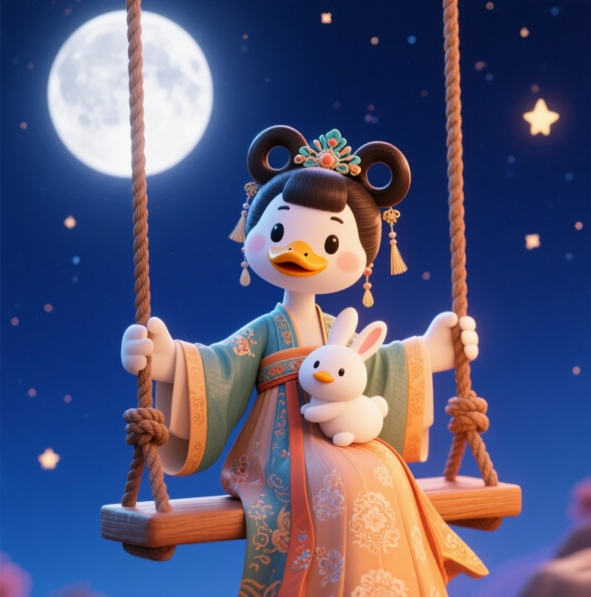 一只穿着传统汉服的卡通鸭子，梳着双环发髻，头戴精美的发饰，耳坠流苏，怀抱一只白色兔子，坐在秋千上，背景是深蓝色夜空，有明亮的满月和闪烁的星星，秋千绳索为棕色麻绳，汉服上有精致花纹，裙摆飘逸预览效果