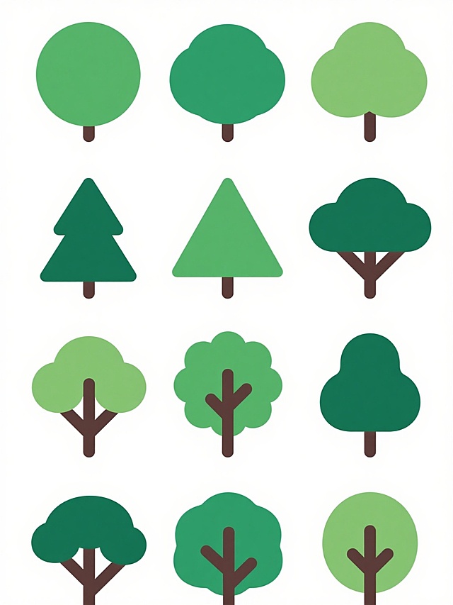 一套由12棵不同样式、品种和外观的树木组成的图标集，以3行4列的网格形式整齐排列在纯白色背景上。树木采用扁平化设计风格，轮廓简洁明快，没有渐变或复杂纹理。树冠有圆形、椭圆形、三角形、不规则蓬松形等多种形状，颜色为不同深浅的纯绿色系，包括草绿、翠绿、橄榄绿等。树干为深棕色，线条简单，部分树木有少量简化的树枝细节。整体视觉效果清新、简约、统一，适合用于插画、图标设计或教育材料，传达自然、植物多样性的概念。