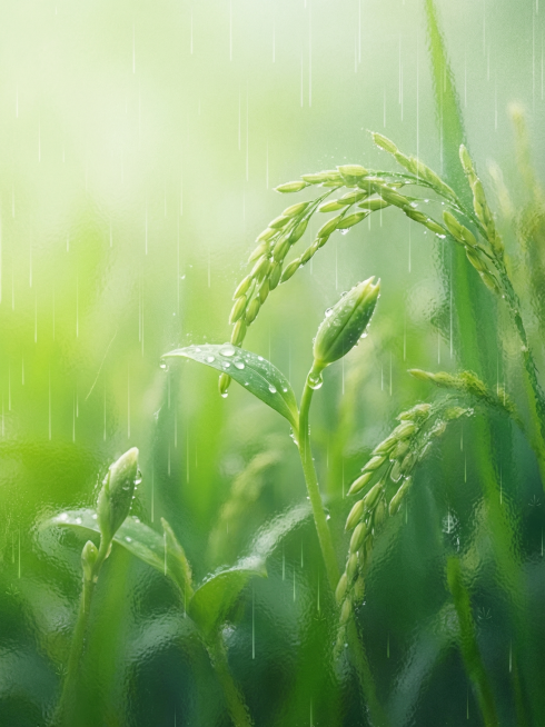 去掉画面中所有文字，生成谷雨节气主题图片，保留原图的朦胧玻璃质感、青绿色渐变风格、雨天水滴效果和嫩绿植物新芽元素，雨生百谷主题，清新自然氛围预览效果