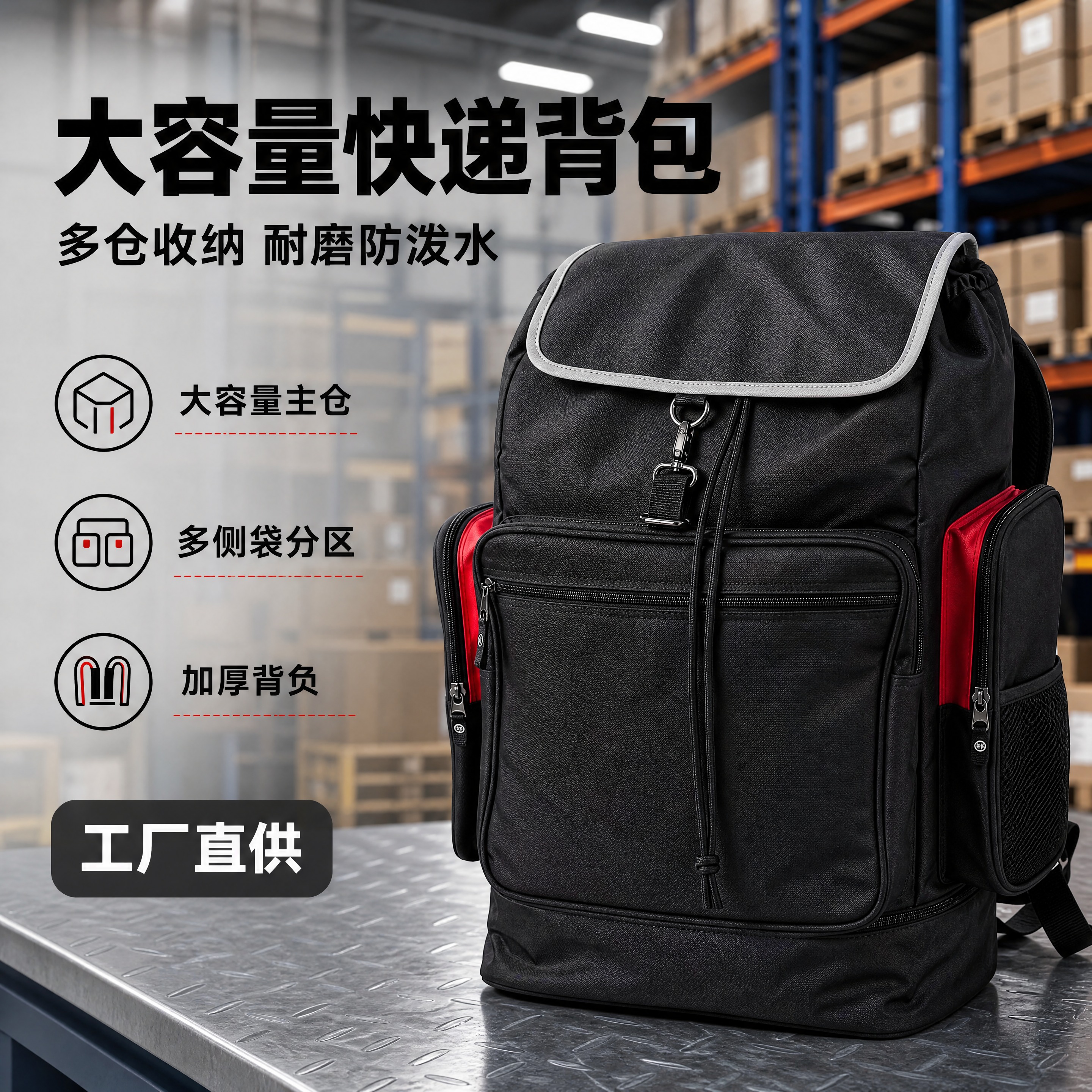 [商品] 使用【图1】黑色大容量快递背包正面图；商品处理：保留… - 图片创意预览