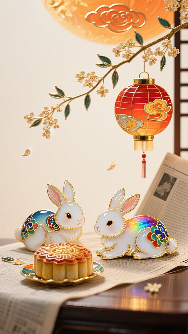 中式风3D浮雕兔，鎏金描边配彩绘，搭配红灯笼与月饼，营造梦幻唯美的中秋喜庆氛围。