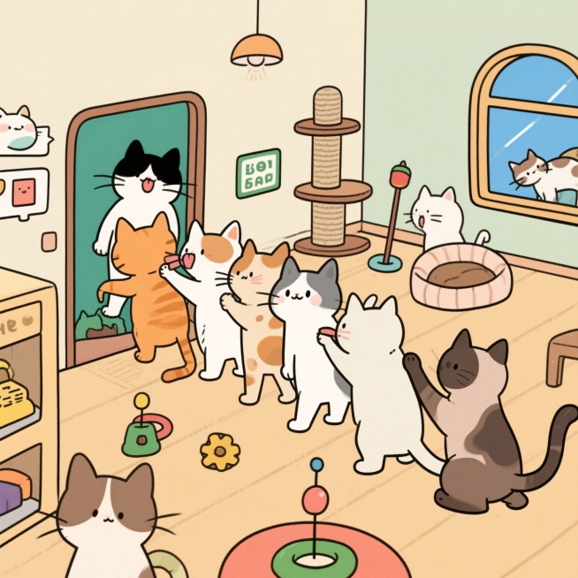 小猫们在猫咖里排队等待玩耍，它们有橘猫、英短、布偶、暹罗等不同品种，每只小猫都有独特的毛色和花纹。它们正排队等待进入玩具区，有的小猫在互相舔毛，有的在伸懒腰，背景是温馨的猫咖，有猫爬架、逗猫棒和舒适的预览效果
