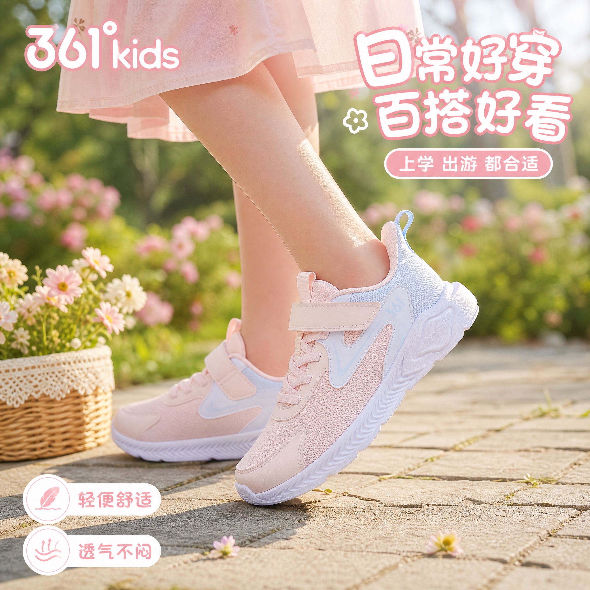 [主图-5] 日常生活场景图 粉蓝配色款 核心任务是展示鞋子在… - 图片创意预览