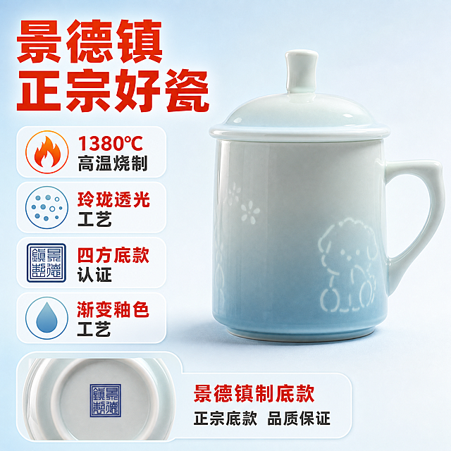 [主图-2] 核心亮点 景德镇制 四方底款 高温1380℃烧制 玲珑工艺证明
[统一基调] 拼多多风格 大字直白 性价比感 洁净通透 主色白+浅蓝渐变背景 标题字用深橙红色粗黑体 辅助字深灰色 强调色橙红 字体统一为无衬线粗体 字号层级分明 卡片用圆角浅底
[画面] 画面右侧展示蓝色渐变带盖陶瓷杯 杯身有小狗玲珑图案 左侧为信息区 上方大标题 中间四个核心卖点图标环绕 底部展示杯底四方底款特写小图 产品占画面约55% 视角正面 杯子完整
[光影质感] 商业摄影质感 明亮柔光 陶瓷釉面细腻 玲珑纹理透光感 杯底底款清晰 自然阴影
[配色] 背景浅蓝白渐变 标题深橙红色 卖点图标蓝橙搭配 整体清爽专业
[文字版式] 左侧顶部大标题 "景德镇正宗好瓷" 下方四个卖点图标加文字 1 "1380℃高温烧制" 2 "玲珑透光工艺" 3 "四方底款认证" 4 "渐变釉色工艺" 右下角小图标注 "景德镇制底款" 配杯底特写图 文字清晰不遮挡主体
[输出要求] 比例1:1 2048x2048 文字清晰可读 产品清晰 无变形 无错字 无模糊 无水印 无平台Logo