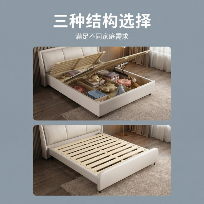 基于原图制作1:1正方形主图，保留现有两个结构展示（气压结构和框架结构），调整布局为双宫格上下排版适配1:1比例，保留标题“三种结构选择 满足不同家庭需求”，保持整体灰蓝色背景和温馨风格，产品展示清晰预览效果