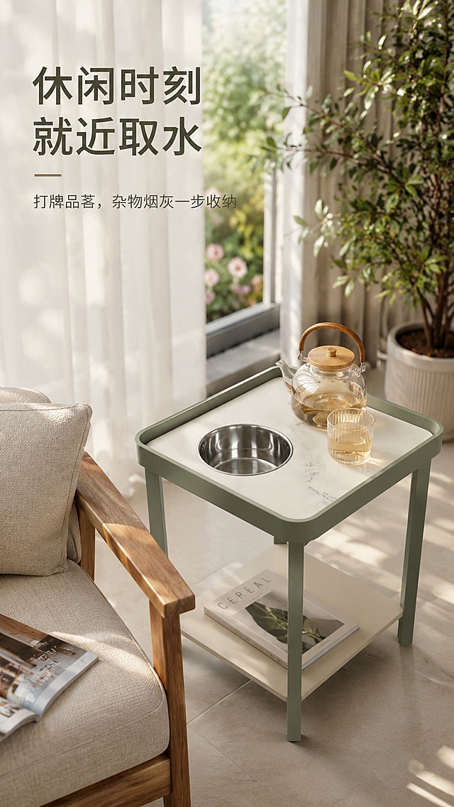 [第5屏] 使用体验-休闲客厅实景使用展示。本屏使用【图4】单碗槽款产品放置在阳台休闲角。
[氛围/风格] 生活化实景风，温馨自然，休闲氛围，商业摄影质感。
[元素布局] 茶几放置在休闲单人椅旁，占画面中偏右下，占比约60%，桌面放置一个水壶一个水杯，下层放一本杂志，周围搭配窗帘和小型绿植；产品颜色、碗槽数量与输入图保持一致。
[光影质感] 柔和侧逆光，整体氛围温馨，产品清晰不灰暗。
[配色色系] 全局底色 #F0F0EB；主色米白岩板、军绿框架；辅助色原木椅、绿色植物。
[视角构图] 生活场景平视视角，自然真实，动线从上到下。
[文字版式] 主标题「休闲时刻 就近取水」，副标题「打牌品茗，杂物烟灰一步收纳」，文字放在左上区域，不遮挡产品使用场景。
[比例分辨率] 9:16 竖版比例，4K分辨率，文字清晰可辨，高清画质。
[负向提示词] 产品变形，颜色不对，碗槽数量错误，场景杂乱，文字遮挡产品，水印