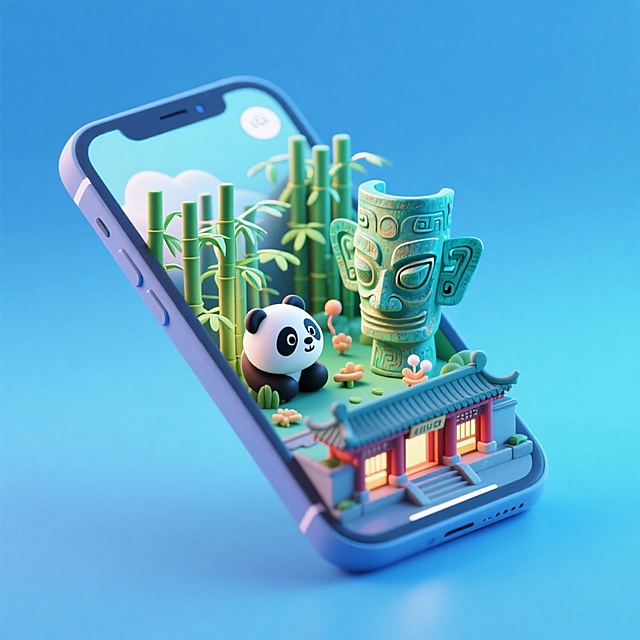 一个手机创意微缩场景，手机平放，侧面对着观众，手机俯视角度，立体的成都景观从屏幕内出来，有熊猫，三星堆，武侯祠，整体色调立体魔幻。青色背景。具有梦幻感,打光营造出柔和氛围强调梦幻和未来感的美学。