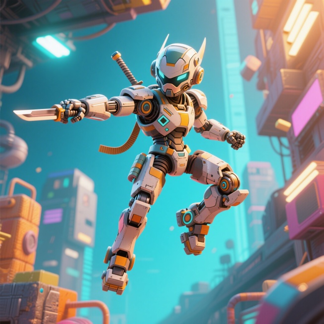 空手帅气浮空机甲刺客，3D卡通风格，空手无武器，机甲造型硬朗帅气，处于浮空状态，刺客潜行氛围，机械细节丰富，整体画面萌酷帅气预览效果