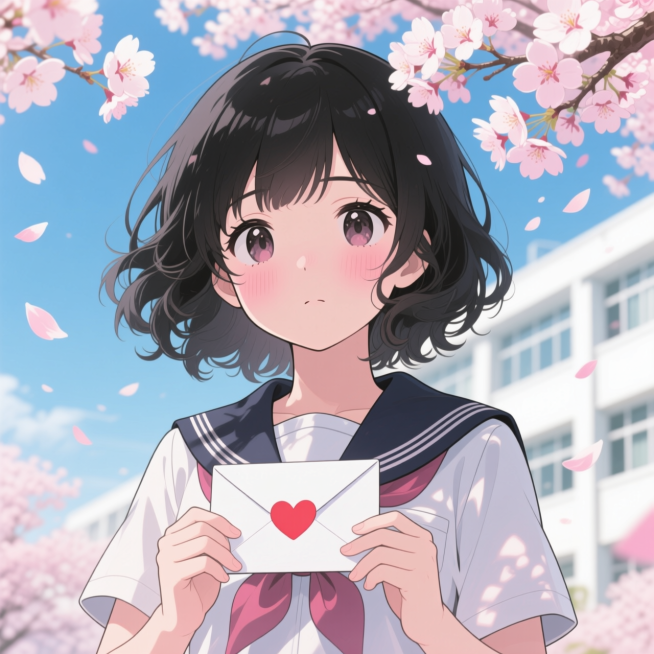 动漫插画风格，画面中一位穿着校服的少女站在樱花树下，手中紧握着一封未送出的信，樱花花瓣飘落，背景是模糊的校园场景，少女眼神中带着温柔与一丝忧伤，画面下方有文字“和你度过的时间 一秒都不会忘记 这份心意预览效果