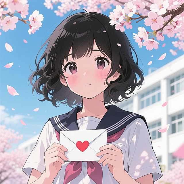 动漫插画风格，画面中一位穿着校服的少女站在樱花树下，手中紧握着一封未送出的信，樱花花瓣飘落，背景是模糊的校园场景，少女眼神中带着温柔与一丝忧伤，画面下方有文字“和你度过的时间 一秒都不会忘记 这份心意 这份感情 一直默念你的名字 又是一个季节过去 没有言语 急不可耐 似乎要败给这份寂寞 这份思念 也没有能化成言语 对选择了不同道路的你 什么也没有传达 害怕这份爱意一个人承受不来 和你度过的此刻 就这样持续下去 温柔的笑容 动摇的心意 本应给你的信 就这样一直握在手中 樱花为两人而换上了色彩 只有倔强不断膨胀 挥手时又再次 想要哭泣啊”