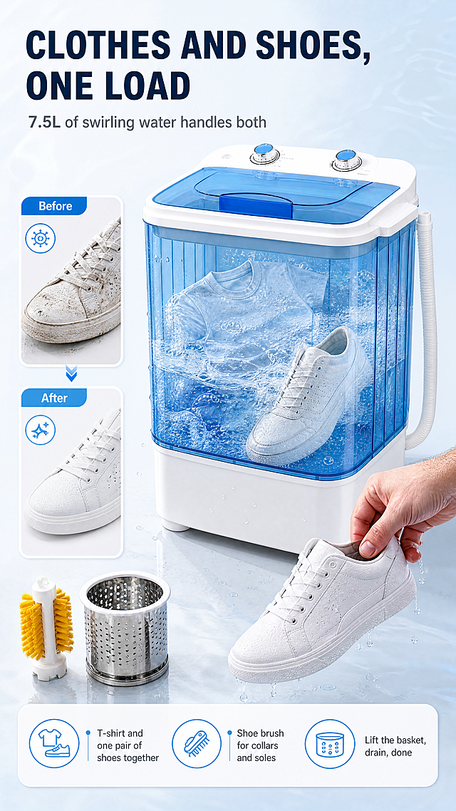 [商品] 使用【图3】蓝色款与桶内衣物、白色运动鞋、黄色鞋刷、不锈钢沥水篮，兼用【图1】蓝色款校验外形；保留透明竖筋桶身、白色底座、双旋钮、右侧排水管；泡沫、水花与湿衣褶须真实自然，产品颜色与结构不变。
[画面] 竖版核心功能实测页：中上部为蓝色款四分之三视角大图，桶内同时放着一件浅色T恤和一只白色运动鞋，水与细密泡沫翻涌，桶身外侧有少量水珠；左侧一条竖向对比小条：上格脏污运动鞋特写、下格洗后洁净干爽的运动鞋；右下角放一只欧美成人手部提起洁净运动鞋的动作特写（仅手部与手腕）；产品占比约62%，信息自左上向右下流动。
[视觉] 套系策略：风格=跨境亚马逊浅色理性家电商业摄影；标题字=现代几何无衬线超粗体；正文字=简洁人文无衬线体；主色=冰蓝#DDEBFA；背景延展=白至冰蓝柔和渐变，叠加极淡水波纹肌理与白色圆角面板；强调色=深蔚蓝#0B72D2，仅用于小图标、细引线、标签与局部光效；标题色=深海军蓝#10243D；正文色=冷灰#5B6B7C；组件=白色圆角信息卡＋1px浅蓝细描边、圆点收尾细引线、扁平线性图标；光影=左上柔和主光＋水面高光与湿地反光。
[文字] 顶部主标题 "CLOTHES AND SHOES, ONE LOAD"，副标题 "7.5L of swirling water handles both"；左侧对比条标签 "Before"、"After"；横排三点 "T-shirt and one pair of shoes together"、"Shoe brush for collars and soles"、"Lift the basket, drain, done"；全部横向排版，不遮挡桶内主体与手部。
[规格] 9:16竖版，4K，避免只手为亚洲肤色（须为欧美成人手部）、面部出现、竖排旋转文字、泡沫过假、鞋子变形、产品变色、中文文字、价格与折扣标签。