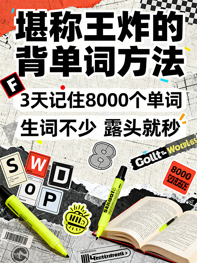 拼贴风格海报，主标题"堪称王炸的背单词方法"，副标题1"3天记住8000个单词"，副标题2"生词不少 露头就秒"，字体醒目夸张，加入多种潮流贴纸点缀，视觉冲击感强，复古拼贴设计