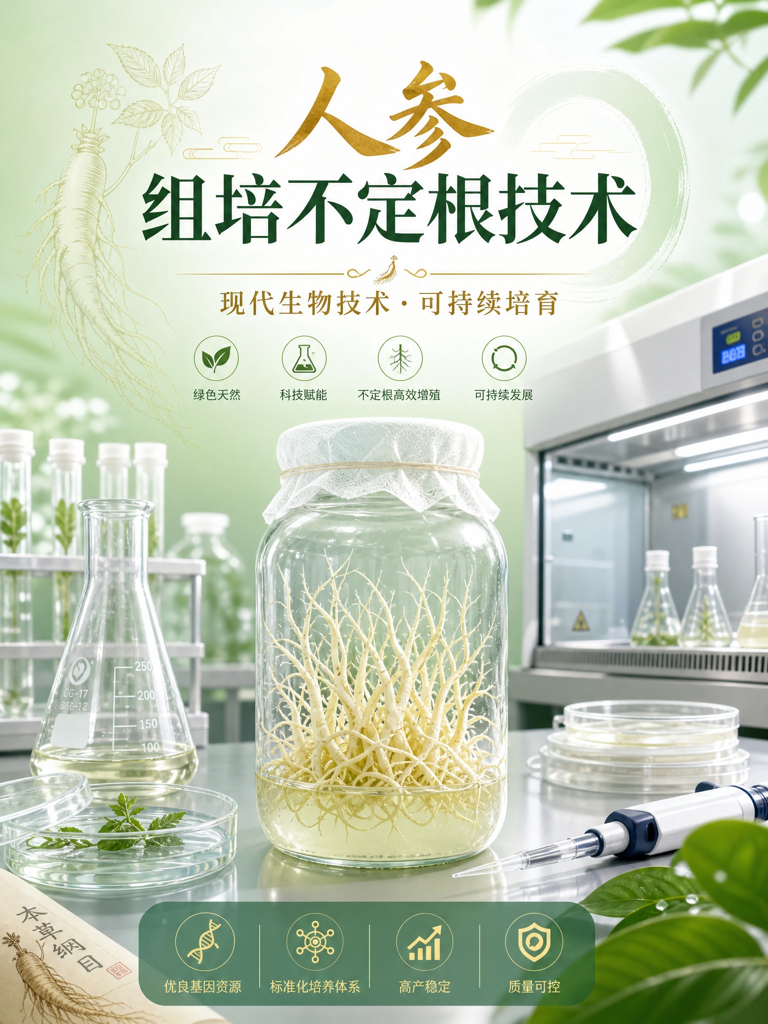 为“人参组培不定根技术”制作一张科研成果宣传视觉图，竖版构图。… - 图片创意预览